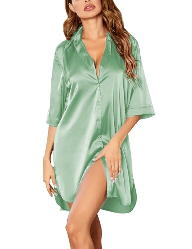 Image of Ekouaer Women's Satin Nightshirt Button Down Sleepshirt Silk 3 /4 Sleeve Nightgown Boyfriend Notch Collar Sleepwear S-3XL