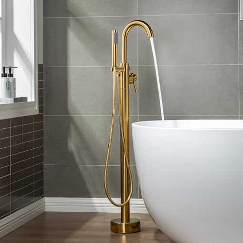 WOODBRIDGE F0007 BG Llave para bañera freestanding montada en el piso, grifería de baño de latón con ducha de mano, acabado oro cepillado miniatura 1