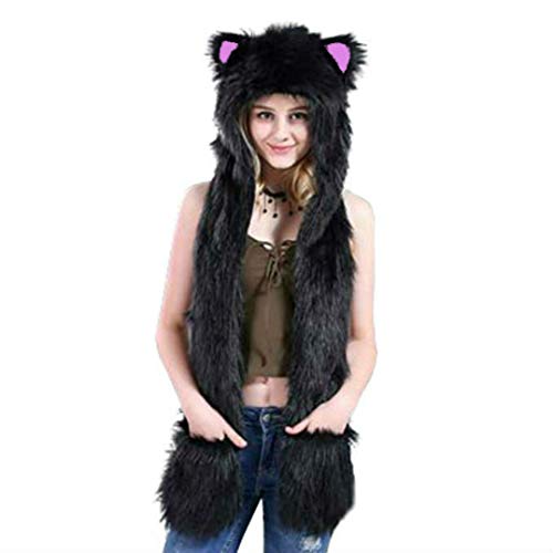 Black Cat Hood Animal Hat Hoods Mittens Gloves Scarf Spirit Paws Ears with Zipper Pocket