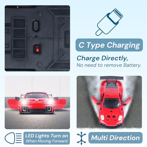 Image of Popsugar Door Opening Remote Control Car|Rechargeable 1200mAh Lithium Battery|C-Type Charging|75-Min Runtime|2.4G Long Range Remote (100+ ft)|HighSpeed RC Car|Gift for Kids|Made in India (Red)