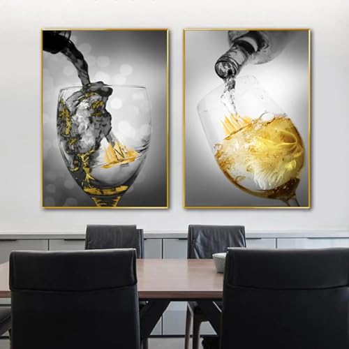 Affiche de tasses en verre de vin et tableau bateau doré pour décoration d'intérieur