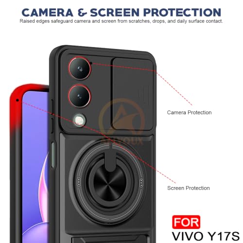 Image of Vivo Y17S / Vivo Y28 5G Back Cover | Armor Camera Slider 360 Degree Rotating Finger Ring Holder Case with Bracket Stand Back Case Cover (Compatible with MagSafe Accessories) (Black)