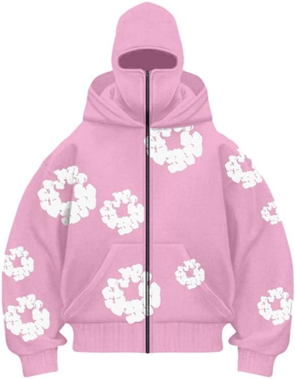 Y2K Men's and Women's Full Zipper Mask Double Hoodie Retro Bubble Printed Hip Hop Street Loose Hoodie Sweatshirt