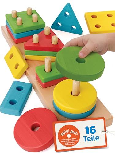 Merle Toys® Steckspiel ab 1 Jahr, 4in1 Formen Sortierspiel ab 2 Jahre mit 16 Formen, Montessori Steckspiel Holz, Montessori Spielzeug 2 Jahre, Stapelspiel, Sortierspiel ab 1 Jahr, 100% Buchenholz
