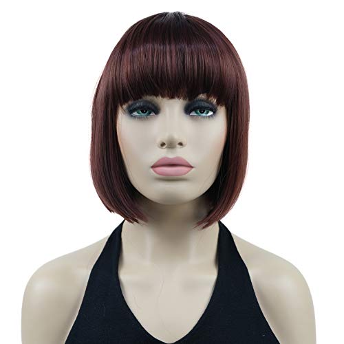 Lydell 8" Straight Short Bob Hair Flat Bangs Cute Central Dot Skin Top Heat Resistant Synthetic Wigs (33A Dark Auburn)