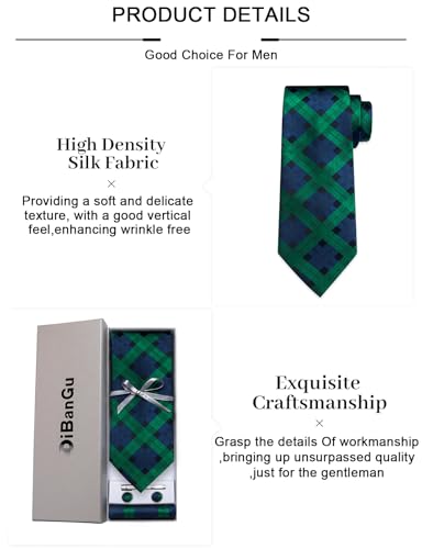 Image of DiBanGu Plaid Ties for Men Silk Checkered Necktie and Pocket Square Cufflinks Tie Clip Set with Gift Box for Wedding Business