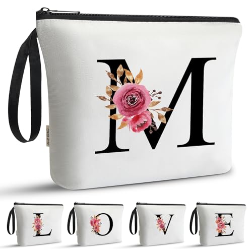 A-Z BAG Initial Makeup Bag for Women, Bridal Bridesmaids Gifts (M, White)