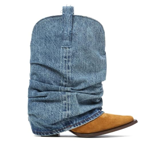 Arqa Women's Suede Western Cowboy Boots Pointed Toe Chunky Heel Fold Over Ankle Boots Wide Calf Pull-on Embroidery Cowgirl Booties