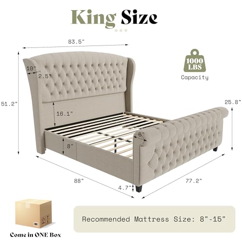 Image of AMERLIFE King Size Platform Bed Frame, Linen Upholstered Sleigh Bed with Scroll Wingback Headboard & Footboard /Button Tufted /No Box Spring Required /Khaki