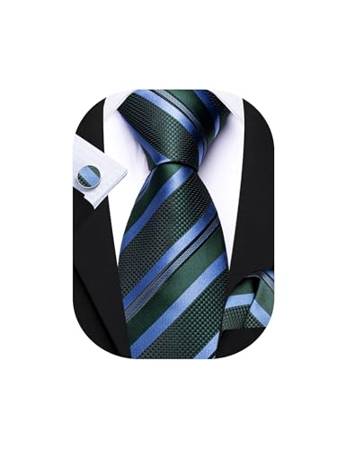 Barry.Wang Green Blue Tie for Men Striped Silk Necktie Pocket Square Cufflinks Set Formal Wedding Party Business