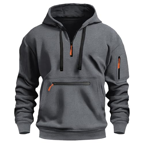 Quarter Zip Hoodies for Men Tactical Pullover Sweatshirt Vintage Running Active Workout Hoodies with Zipper Pockets Dark Grey Large