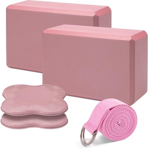 3Clock Yoga Blocks 2 Pack with Strap; Pink 7.6cm EVA Foam Exercise Blocks with Knee Pads