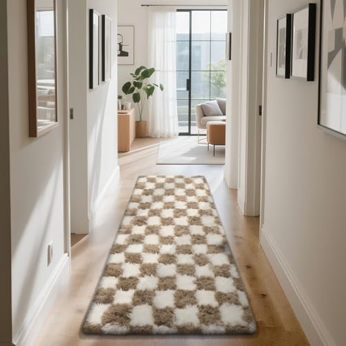 Checkered Rug for Bedroom, 3x7 Beige and White Area Rugs,