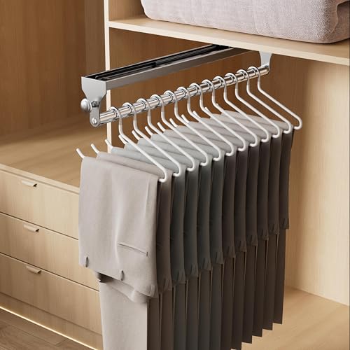 CICUFY Pull Out Closet Rod, 15.7inch Heavy Duty Pants Rack, Adjustable Clothes Hanger Rail, Space Aluminum Valet Rod, Top Mounted Wardrobe Clothes Organizer, Closet Storage for Trousers Coats Gray