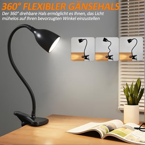 GyroVu Schreibtischlampe für Home Office, LED Klemmlampe Leselampe, Klemmleuchte für Bettkopfteil, Verstellbare Flexible Schwanenhals Schreibtischlampe für Studentenwohnheim & Lernzimmer Schwarz