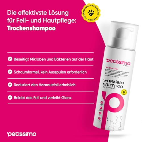 Petissimo Trockenshampoo für Hunde & Katzen – Wasserloses Fellshampoo ohne Ausspülen – Sanfte Fellpflege für zwischendurch – Für alle Rassen & Felltypen
