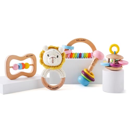 Image of Wooden Baby Rattle Toys 5 PCS Rattle Set for Babies 0-6-12 Months Safari Animals Crochet Rattle Ring with Gift Box Wooden Montessori Toy for Newborn Infant Baby