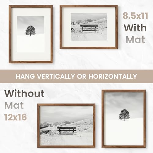 Image of 12x16 Picture Frame, USA-Sourced Natural Walnut Wood Photo Collage Frame with HD Tempered Glass, Modern Simple 12 x 16 Wooden Frame Matted to 8.5x11, Vertical & Horizontal Wall Hanging Display