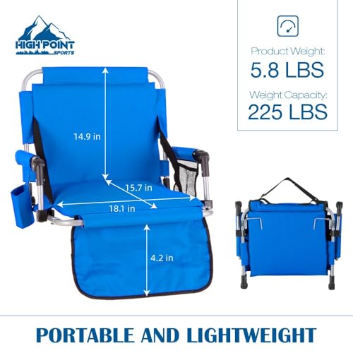 HIGH POINT SPORTS Foldable Stadium Seats for Bleachers with Back Support, 2PCS Bleacher Seats Chairs with Back and Cushion, Portable Folding Stadium Chairs with Armrest, Blue