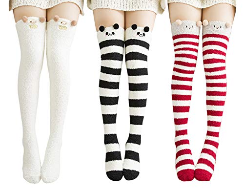 Image of Wander G Womens Over Knee High Fuzzy Socks Cute Cartoon Thigh High Stockings Warm Stripe Leg Warmers