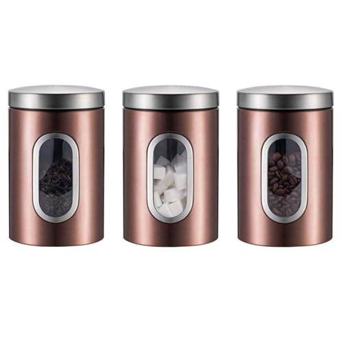 kiss me 3 Pcs Kitchen Canister Set，Stainless Steel Food Storage Jar With Window Coffee Tea Sugar Caddy Container For Home, Kitchen, Counter (Bronzing)