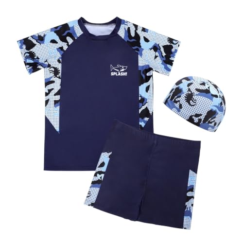 Image of Mayoii Boys Swimming Costume,Big Kids Swim Trunks & Short Sleeve Rash Guard Shirt & Swim Cap,Two Piece Swimsuit T-Shirt Short Set (UK, Age, 6 Years, 7 Years, Regular, Standard, Blue Shark)