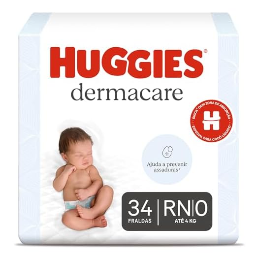 Fralda Huggies Premium Dermacare Tamanho RN - 34 Fraldas Premium com Tecnologia Avançada para Pele Sensível do bebê que ajuda previnir assaduras