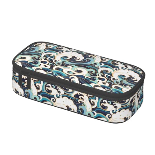 Image of Japanese Ocean Waves Large Pencil Case With Zipper Compartments Stationery Pencil Bag For Kids Teens Students School Supplies