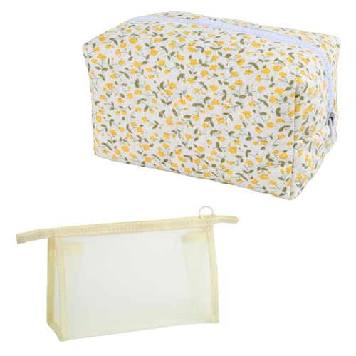 2 Pièces Trousse de Maquillage Matelassée en Coton Doux Motif Floral Jaune, Trousse en Maille Beige, Trousse de Toilette pour Femme Fille, Pochette Cosmétique Portable pour Voyage et Rangement