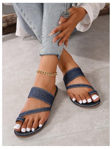 Image of GORGLITTER Women's Denim Jean Sandals Cute Dressy Toe Ring Strappy Slip on Slide Flats Sandal