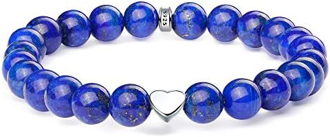 J.Endéar Beaded Bracelets for Womens, 8mm Natural Gemstone Bracelet, Heart Friendship Bracelets with 925 Sterling Silver Heart Charm