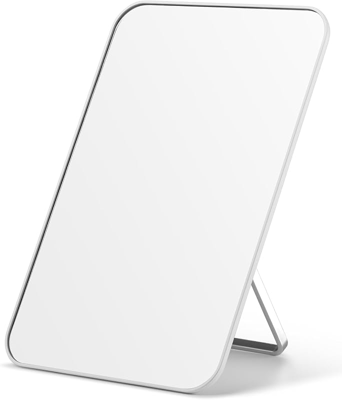 OMIRO 8 x 5 in Desk Makeup Mirror with Stand and Hanging Hole, White | Table Mirror with Foldable Bracket, Travel Mirror for Men and Women, Shaving and Travel, Distortion-Free Reflection