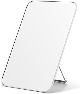 OMIRO Espejo de maquillaje de escritorio, espejo de mesa de 8 x 5 pulgadas con soporte plegable y agujero para colgar para afeitarse y viajar, color blanco