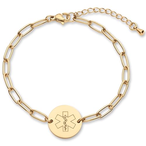 Medical Alert ID Bracelet for Women, Paperclip Adjustable Customized Medic Jewelry 18k Gold Rose Silver, Personalized Engraving, Hypoallergenic Waterproof, Includes Gift Box & Med ID Wallet Card