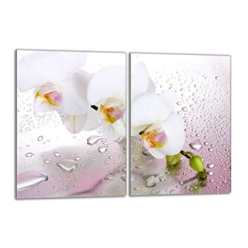 Herdabdeckplatten Set 2x40x52 cm Ceranfeld Abdeckung Glas Spritzschutz Abdeckplatte Glasplatte Herd Ceranfeldabdeckung Deko, Orchidee Weiß
