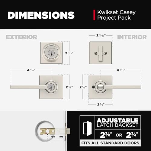 Image of Kwikset Casey Square Front Door Lock Handle and Deadbolt Set, Entry Exterior with Interior Reversible Lever, Satin Nickel, Project Pack, Pick Resistant SmartKey Rekey Deadbolt Security