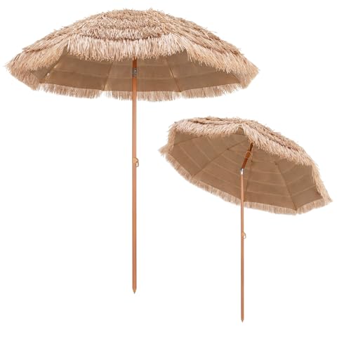 COSTWAY Sombrilla de Playa Inclinable y Plegable, Apariencia de Paja y 8 Costillas, para Jardín y Terraza Exterior