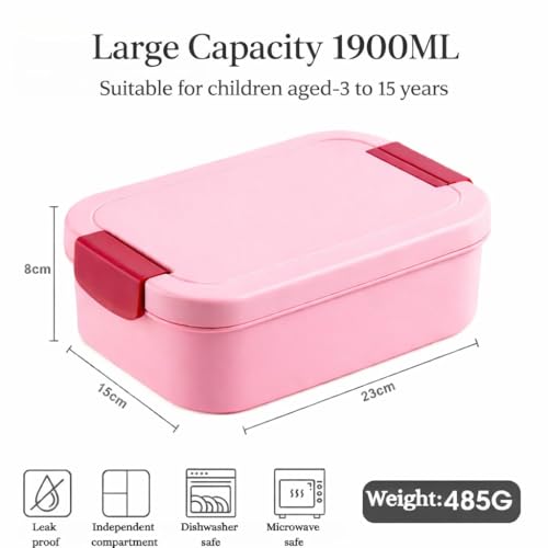 Image of YELONA Lunch Box for Office & Kids 1900ML | Double Layer Leakproof Bento Box with 5 Compartments | Microwave Safe, Built-in Spoon & Fork, BPA Free Tiffin Box - Pink