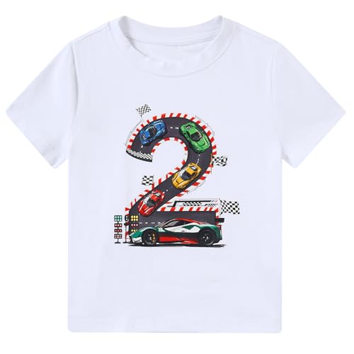 grehava 2nd Birthday Tshirt for Boys Toddler Racing Car T Shirt 2T Boy Birthday Shirts Summer Short Sleeve Tee White 2Y