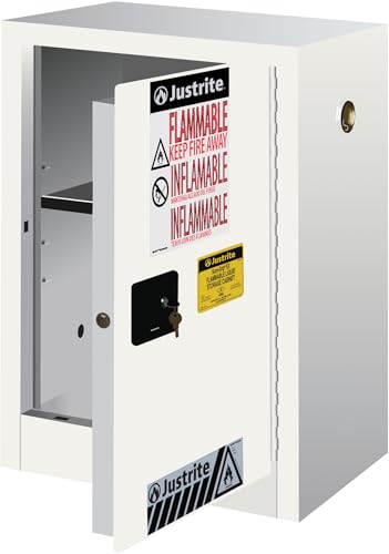Justrite 12 Gallon Self Close Countertop Flammable Storage Cabinet, 18 Gauge Steel, 1 Shelf, 1 Door Fire Cabinet, 35" x 23" x 18", Made in The USA, White, 891225