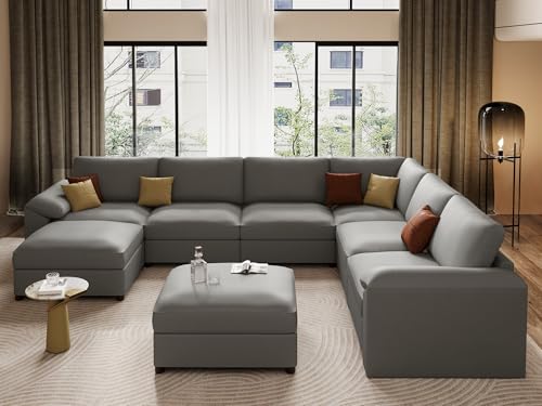 Image of EASE MOOSE Faux Leather Sectional Couch, Oversized Modular Sofa, Modern Comfy Modular Couch, Scratch Resistant Material Sofas, U Shaped Couch for Big Spaces, Grey