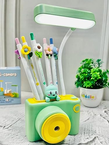 Image of Kiditos Small Study Desk LED Lamp Rechargeable, 360 Flexible Gooseneck With Pen Holder, Pencil Sharpener, Table for Girls Boys Room (Camera), Green