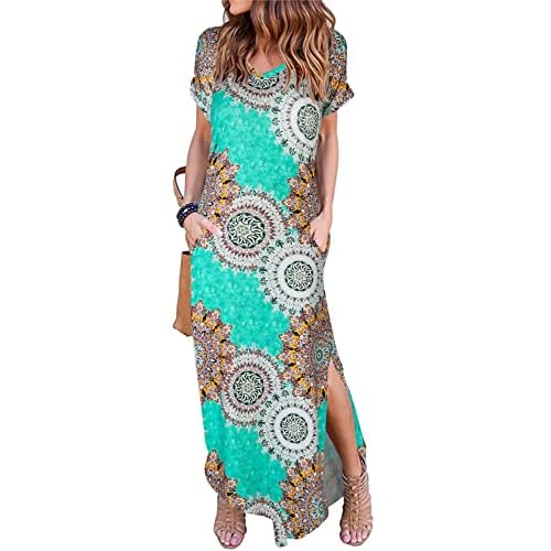 Arolina Women Summer Maxi Dress Short Sleeve V Neck Casual Loose Long Split Dresses Beach Vacation Sundress with Pockets Datura Flowers X-Small