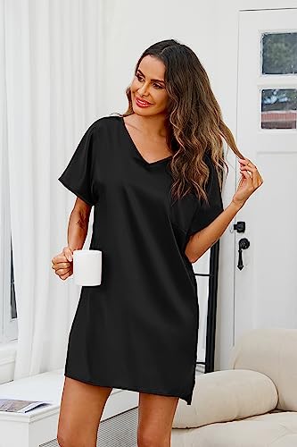 Esktjh Women's Nightgowns & Sleepshirts Satin Loungewear Sexy Short Sleep Gowns Silk Sleepwear Black #TOP2