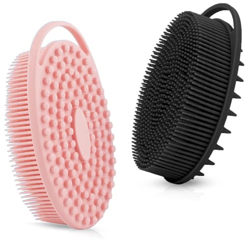RamPula Silicone Body Scrubber, Silicone Loofah, Quick-Dry Exfoliating Body Brush for Wet or Dry Brushing, More Hygienic Than Traditional Loofah, Long-Bristle Brush, Pink and Black