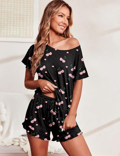 Image of Ekouaer Women's Pajama Set Ruffle Sleeves Top and Short | 2 Piece Ruffle Hem Sleeves Top and Shorts Pjs Set, Soft Short Sleepwear Set, Elastic Waistband Design