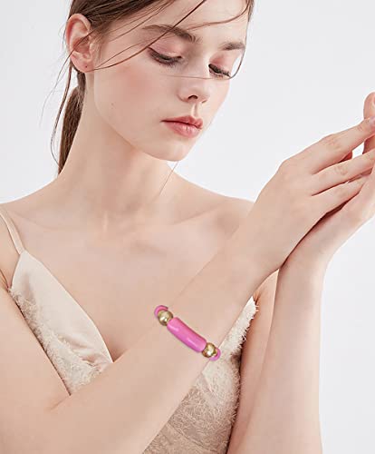 Lalapple Gold Plated Beaded Acrylic Bamboo Tube Bangle Bracelets For Women, Colorful Chunky Curved Tube With Gold Pieces Beads Stretch Bracelet Friendship Summer Beach Jewelry (M-Watermelon Red) #TOP6