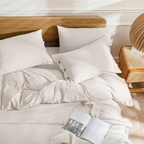 Image of JELLYMONI Cotton Duvet Cover Oversized King Size - Beige Comforter Cover with Button 100% Washed Cotton 3PCS Breathable Soft Solid Bedding Set Duvet Cover 120x98in & 2 Pillowcases (NO Comforter)