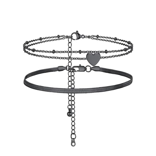 PROSTEEL Trendy Handcuffs Design/Customize Words Ankle Bracelet For Women, 316L Stainless Steel Anklets Silver/Gold/Black Tone, Hypoallergenic, Come with Box 06.2 Layered-Herringbone&Heart-B