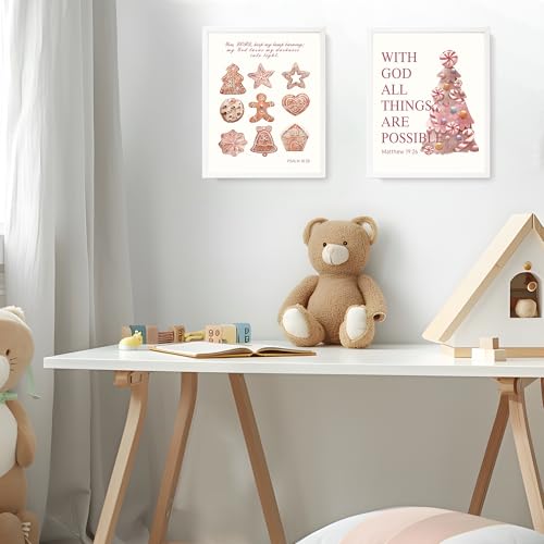 Image of LARTSFRO Coquette Pink Christmas Gingerbread House Gifts Wall Art Decor Posters, Cute Christmas Gingerbread Man Christian Room Bathroom Bedroom Dorm Wall Art Decor Aesthetic for College Teen Girls Gifts, Inspirational Bible Verses Gingerbread Wall Decor, 10x8 Inch Set of 4 Pcs Christmas Pictures (UNFRAMED)